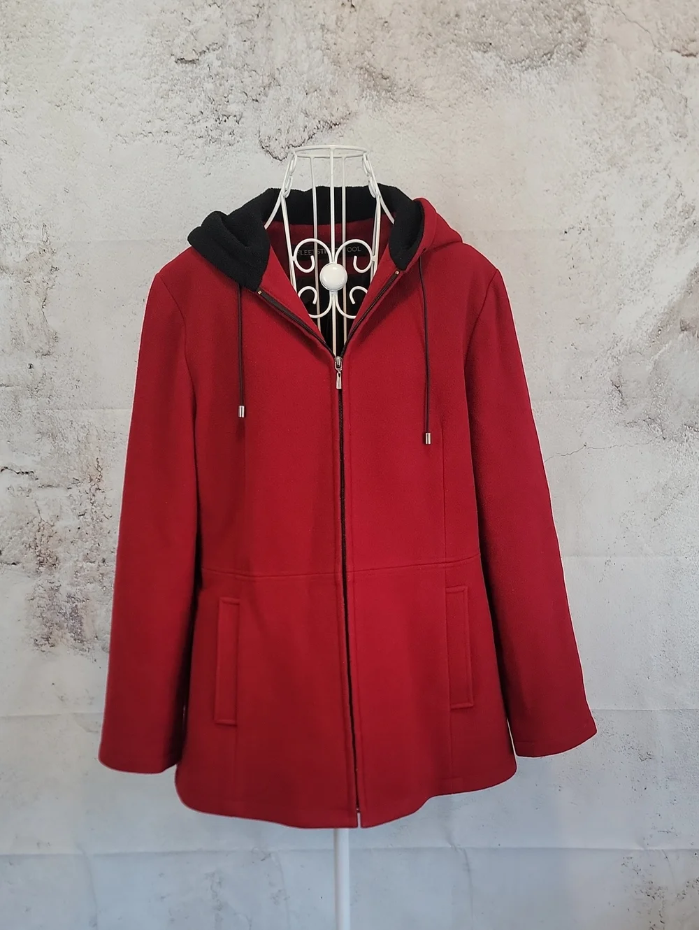 Fleet Street Wool Blend Red Hooded Zip Coat Womens Size L